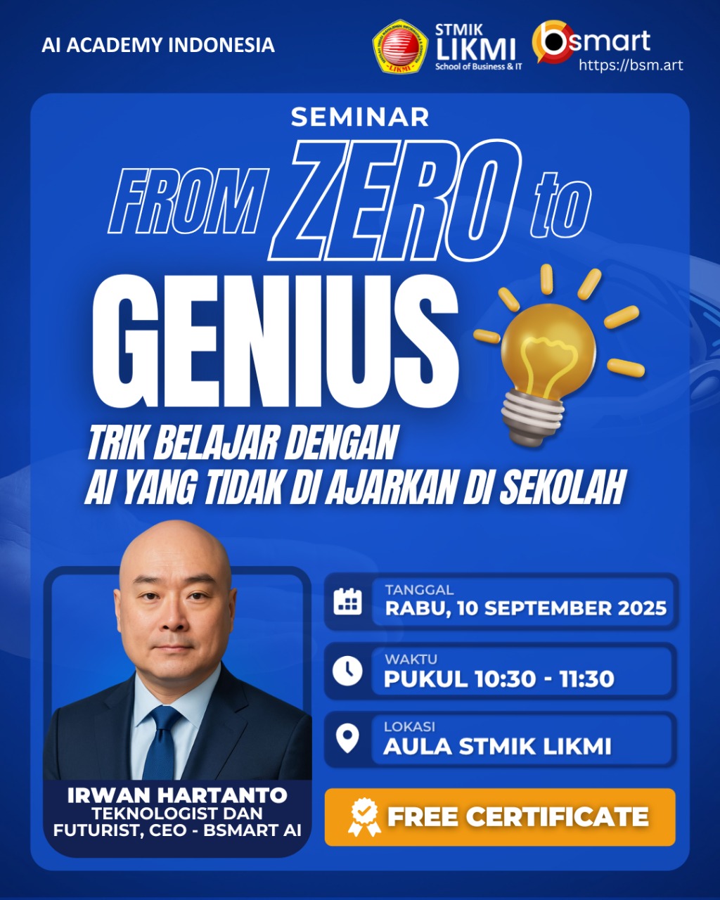 Seminar Info, 19-09-2025 10:30-11:30 at STMIK LIKMI